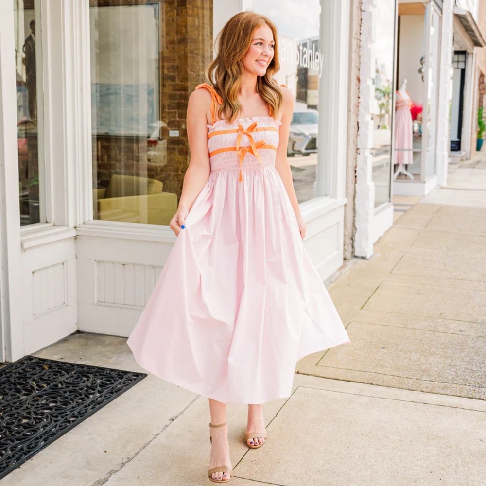 MABEL Pink Bow Detail Midi Dress Sz Large - Picture 2 of 7